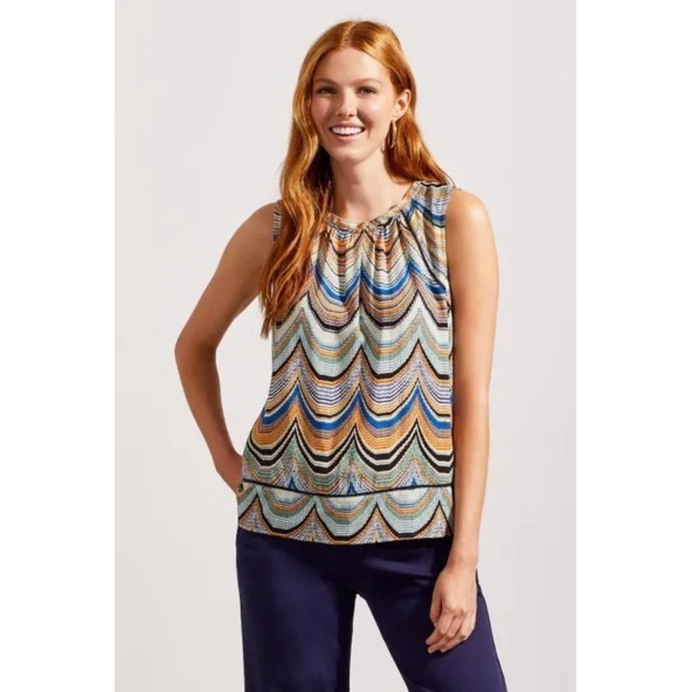 Tribal Jeans L Blue Orange Chevron Sleeveless Challis Top Boho Art to Wear